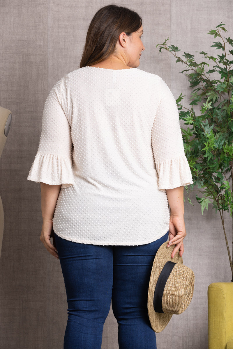 SWISS DOT 3/4 BELL SLEEVE PLUS SIZE TOP