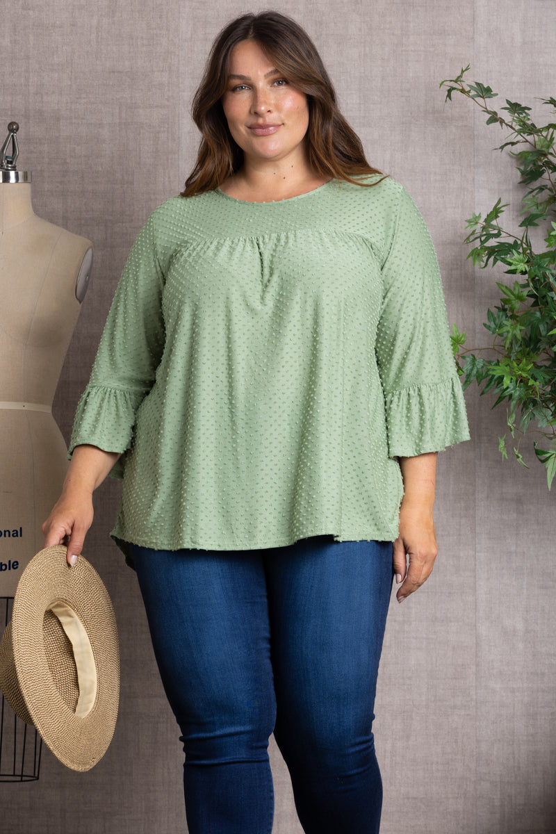 SWISS DOT 3/4 BELL SLEEVE PLUS SIZE TOP