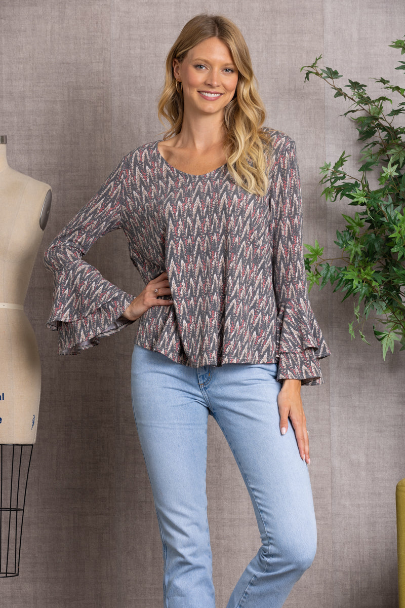 PRINTED BELL LONG SLEEVES KNIT TOP TJ10311