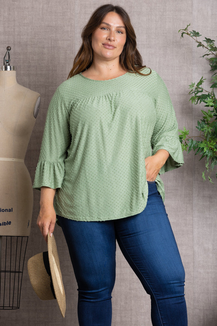 SWISS DOT 3/4 BELL SLEEVE PLUS SIZE TOP