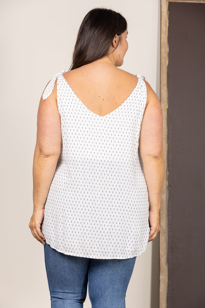 WHITE ARROW HEAD SELF-TIE SLEEVELESS PLUS SIZE TOP T6944