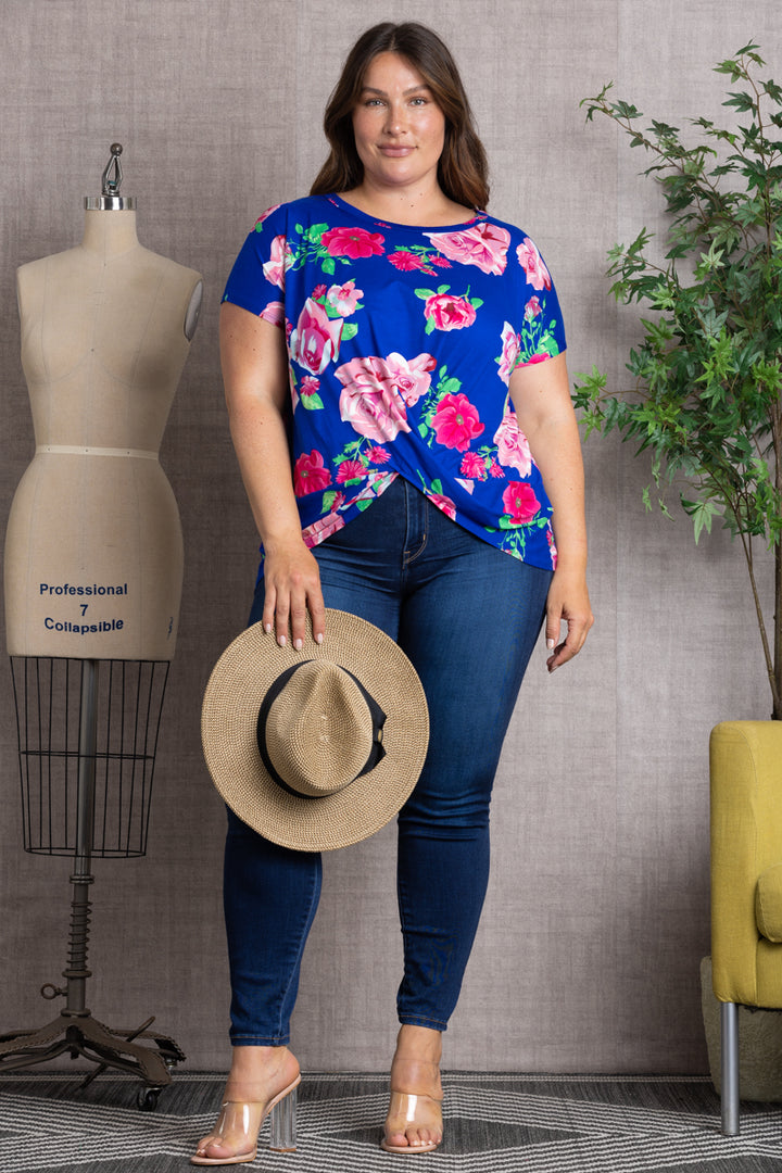 FLORAL PRINT TWISTED HEM PLUS SIZE TOP-ST1219