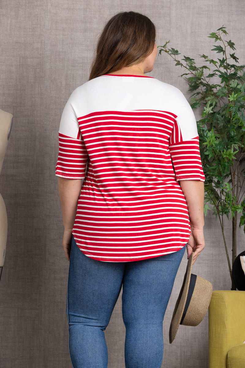 STRIPES DOLMAN SLEEVES ROUNDED HEM PLUS SIZE TOP-CT43557A