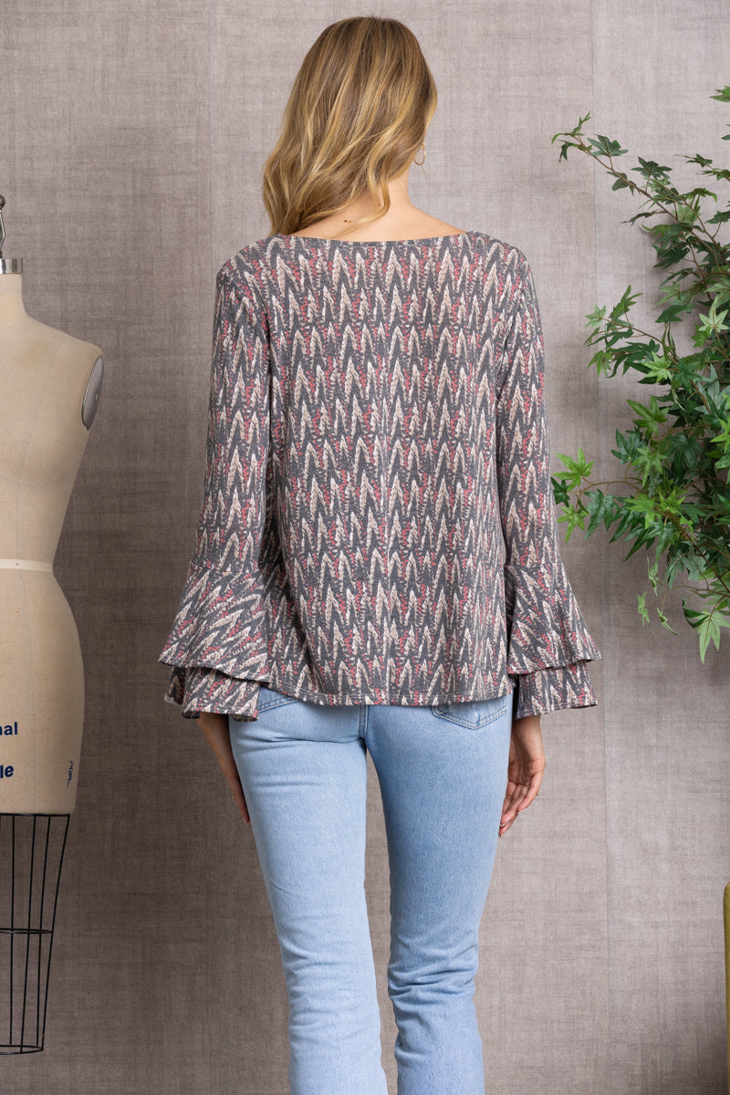 PRINTED BELL LONG SLEEVES KNIT TOP TJ10311