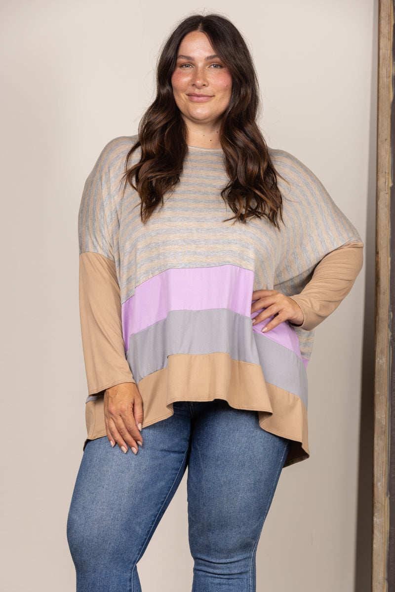 TAUPE STRIPE COLOR BLOCK CONTRAST OVERSIZE PLUS SIZE TOP B5589