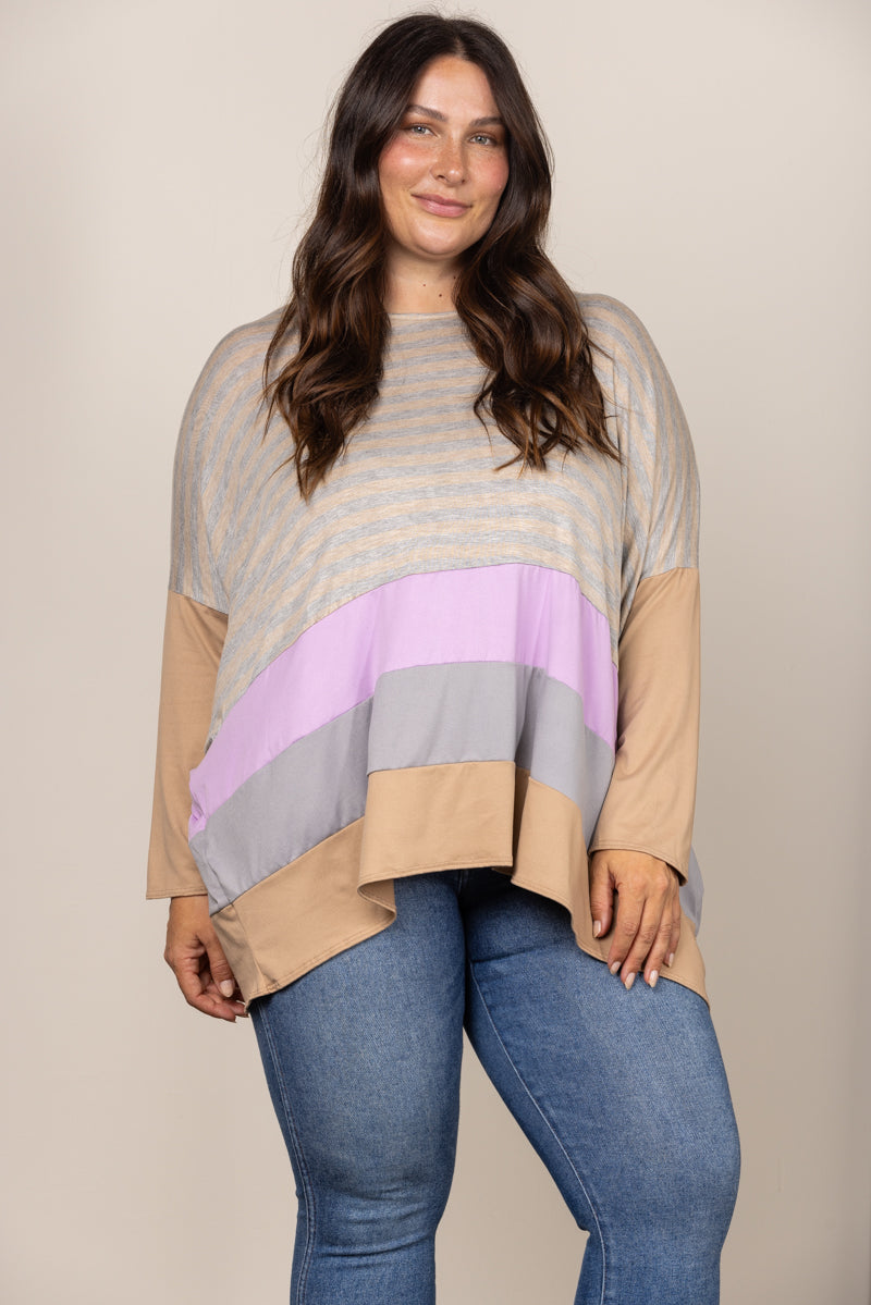 TAUPE STRIPE COLOR BLOCK CONTRAST OVERSIZE PLUS SIZE TOP B5589