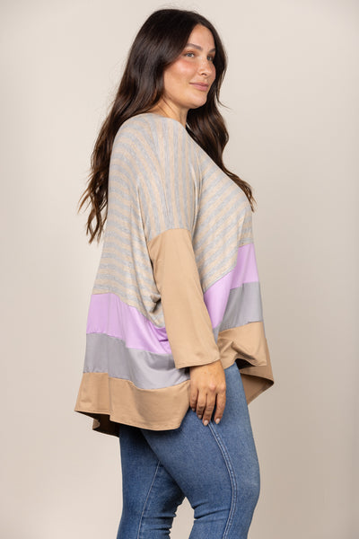 TAUPE STRIPE COLOR BLOCK CONTRAST OVERSIZE PLUS SIZE TOP B5589