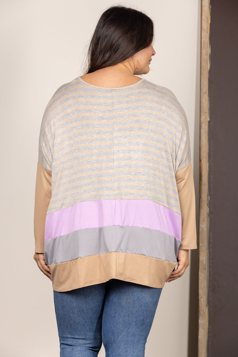 TAUPE STRIPE COLOR BLOCK CONTRAST OVERSIZE PLUS SIZE TOP B5589