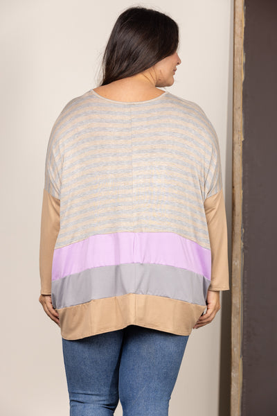 TAUPE STRIPE COLOR BLOCK CONTRAST OVERSIZE PLUS SIZE TOP B5589