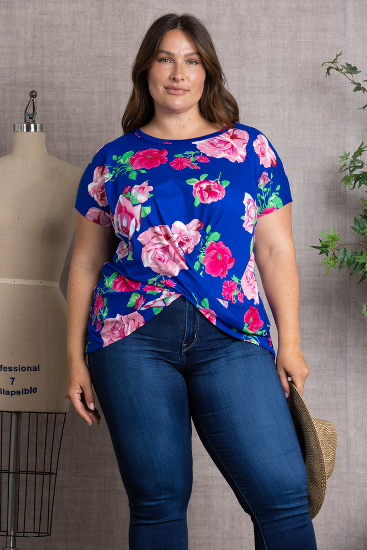 FLORAL PRINT TWISTED HEM PLUS SIZE TOP-ST1219