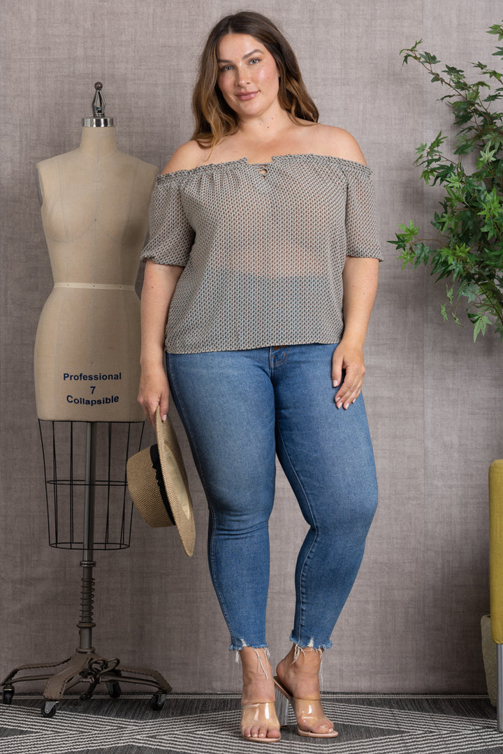 PRINTED DETAILED ELASTIC OFF-SHOULDER PLUS SIZE TOP