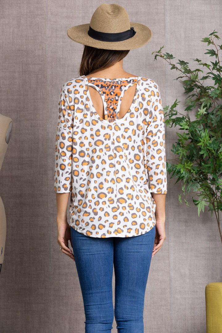 IVORY CHARCOAL ANIMAL PRINT 3/4 DOLMAN SLEEVE TOP-B5525