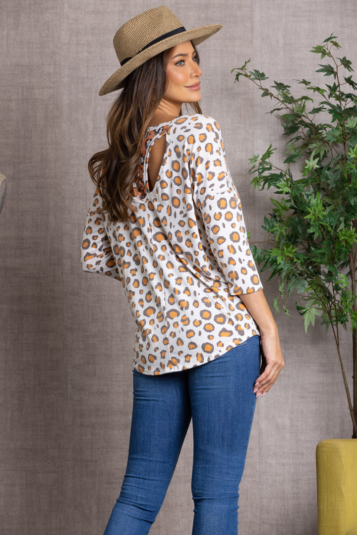 IVORY CHARCOAL ANIMAL PRINT 3/4 DOLMAN SLEEVE TOP-B5525