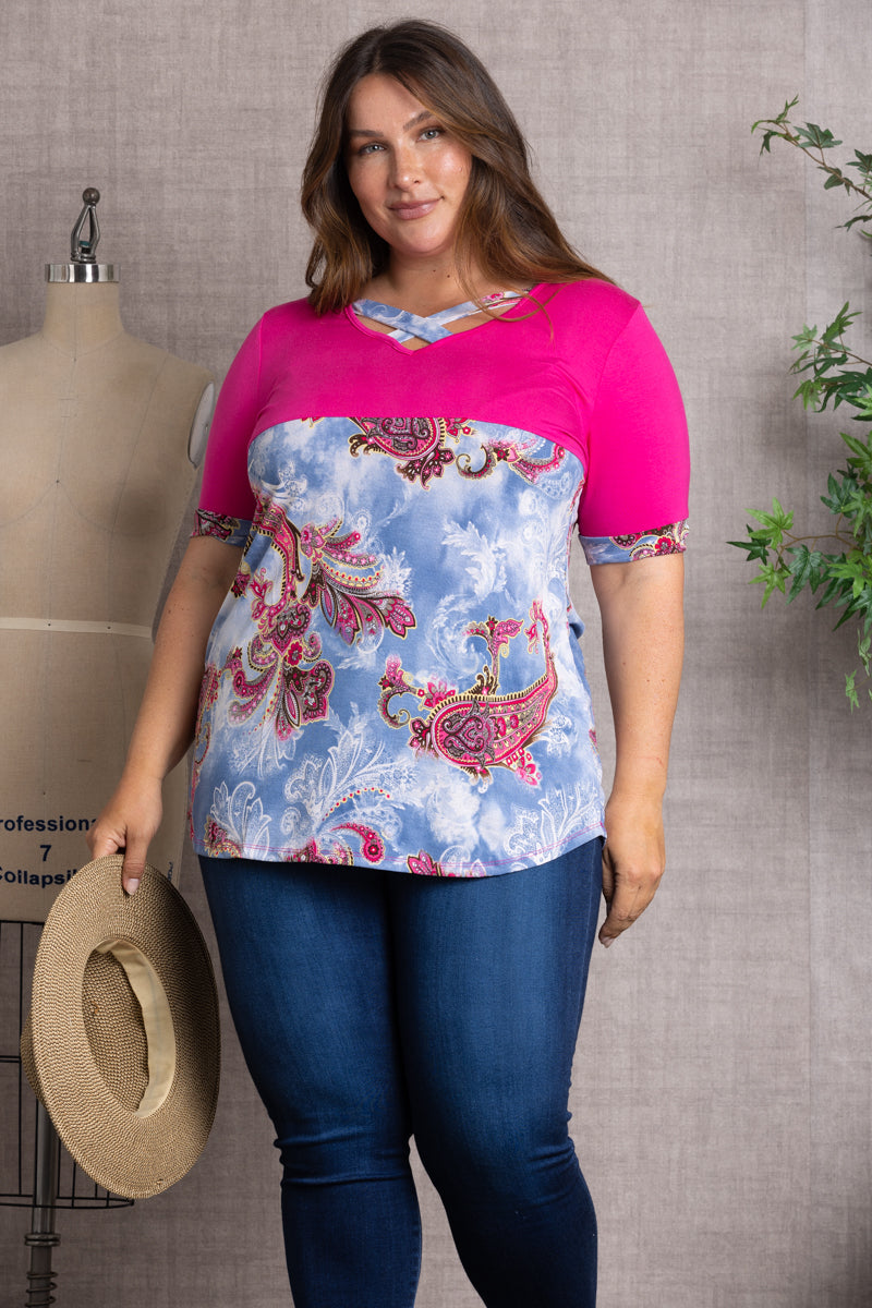 FUSCHIA PAISLEY PRINT KNIT PLUS SIZE TOP-CT43569HPL