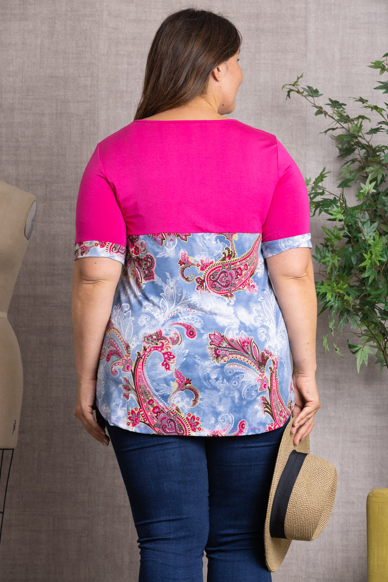 FUSCHIA PAISLEY PRINT KNIT PLUS SIZE TOP-CT43569HPL