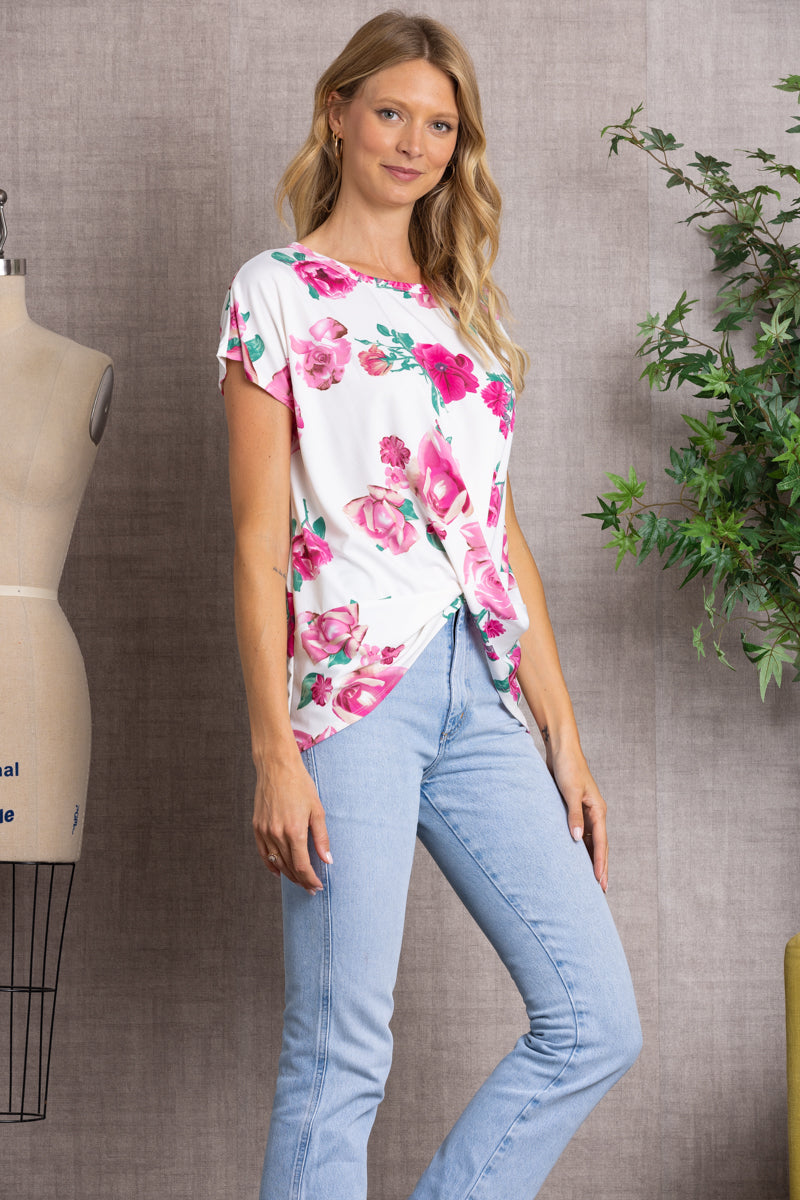 FLORAL PRINT TWISTED HEM TOP-ST1219