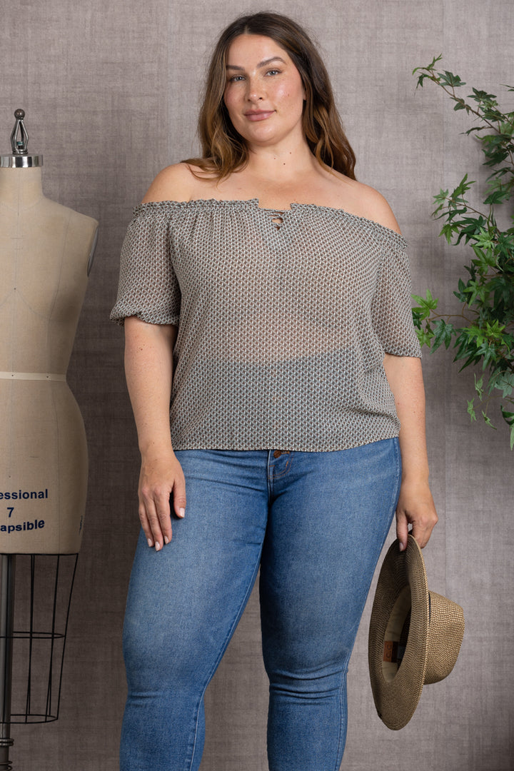 PRINTED DETAILED ELASTIC OFF-SHOULDER PLUS SIZE TOP