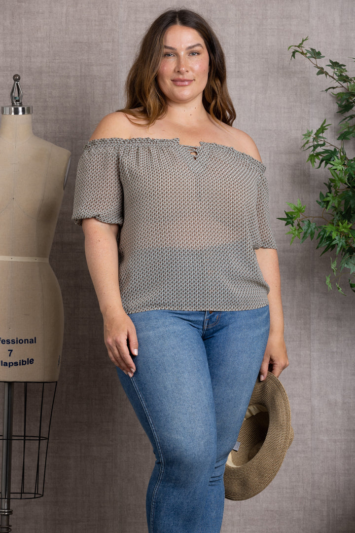 PRINTED DETAILED ELASTIC OFF-SHOULDER PLUS SIZE TOP