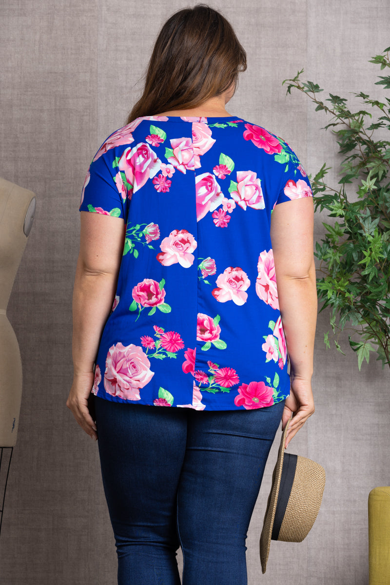 FLORAL PRINT TWISTED HEM PLUS SIZE TOP-ST1219