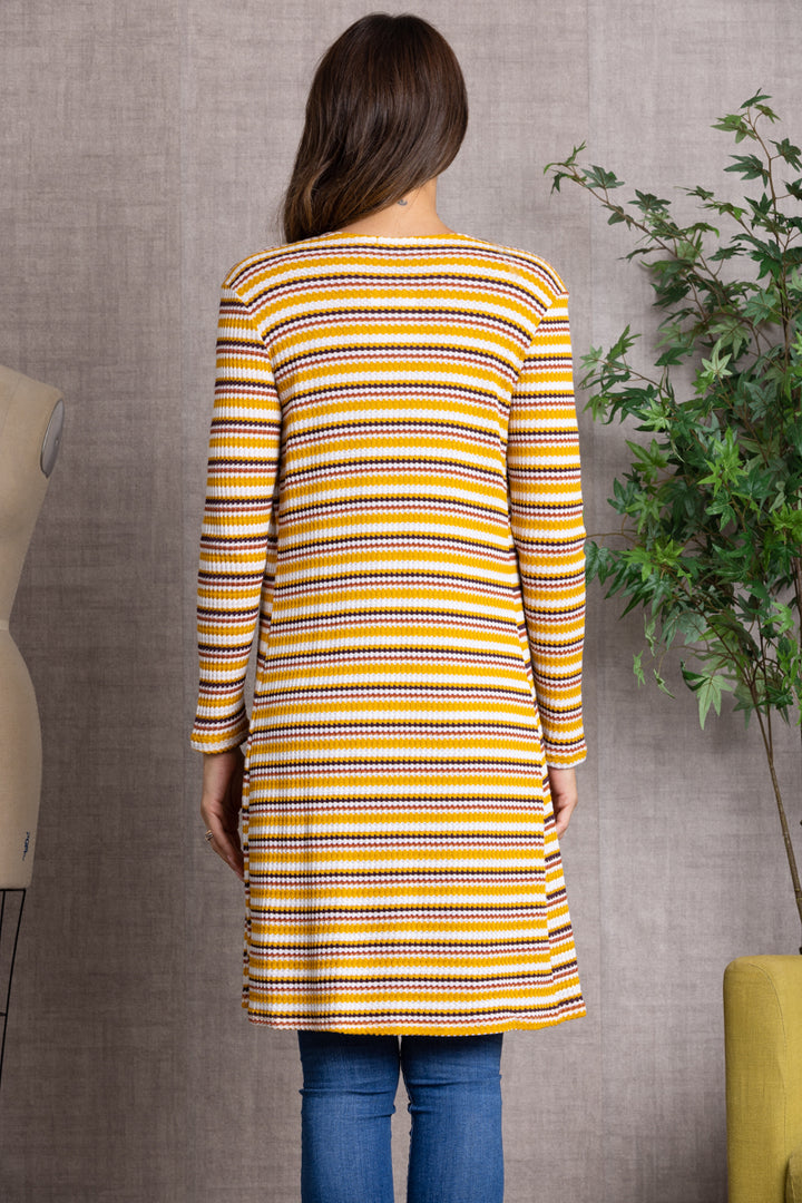 MUSTARD STRIPE OPEN FRONT KNIT LONG CARDIGAN-L4642