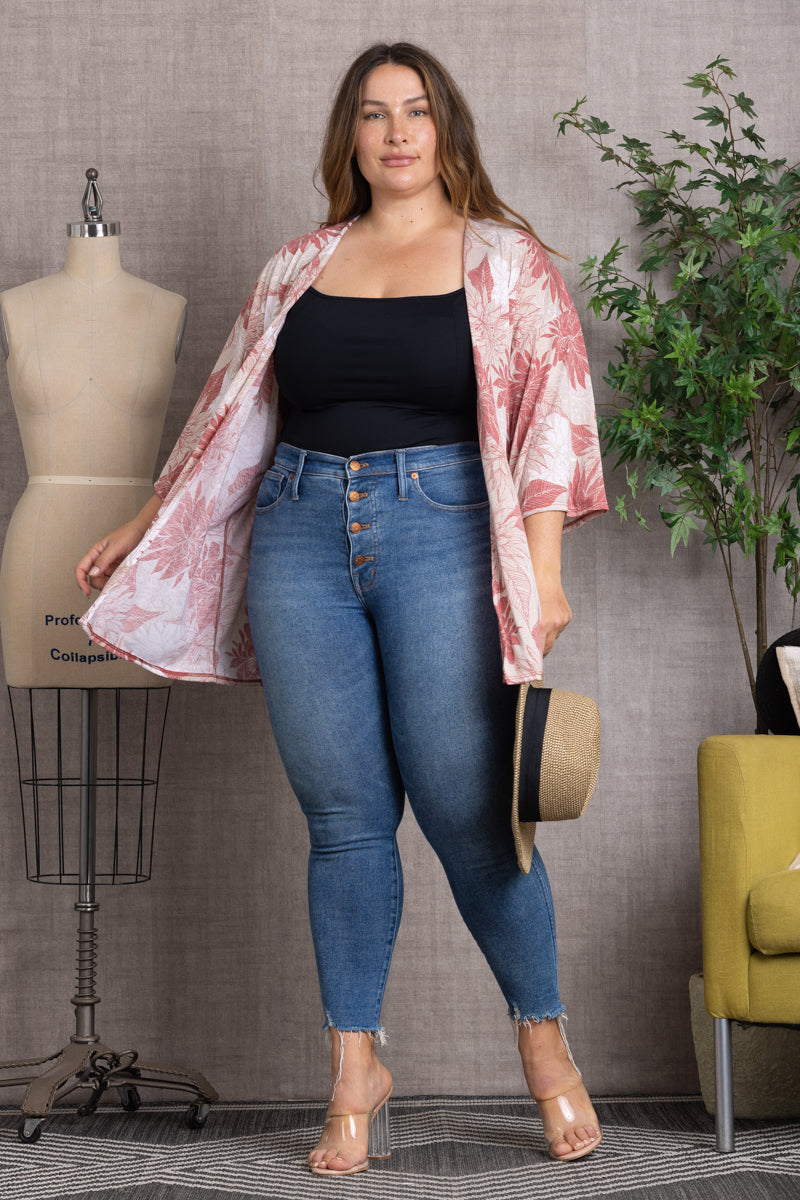 LEAF PRINT OPEN FRONT PLUS SIZE KIMONO-T6049