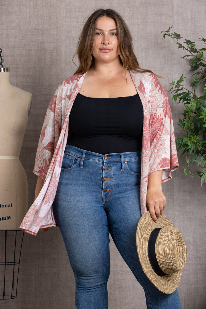 LEAF PRINT OPEN FRONT PLUS SIZE KIMONO-T6049