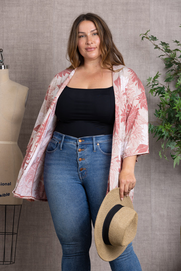 LEAF PRINT OPEN FRONT PLUS SIZE KIMONO-T6049