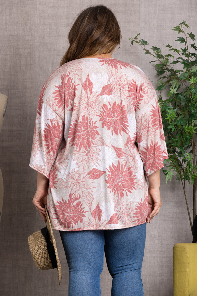 LEAF PRINT OPEN FRONT PLUS SIZE KIMONO-T6049