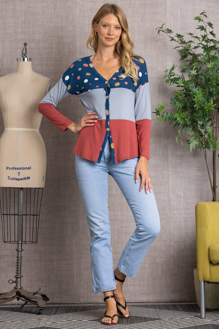 POLKADOT COLOR BLOCK BUTTON DOWN SWEATER-CT43590D