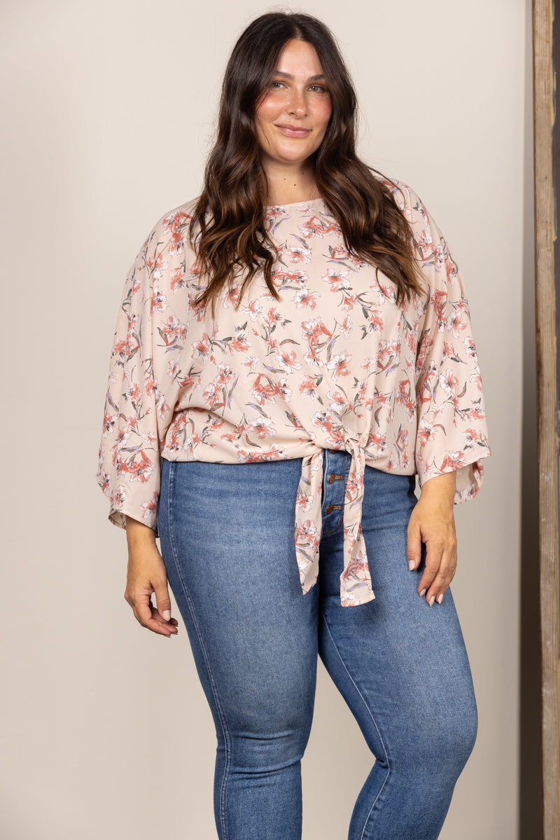 MUAVE FLORAL PRINT SELF-TIE HEN FRONT PLUS SIZE TOP T1000P