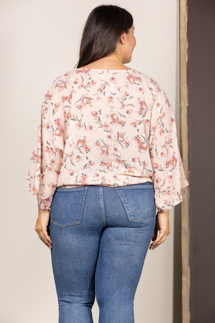 MUAVE FLORAL PRINT SELF-TIE HEN FRONT PLUS SIZE TOP T1000P