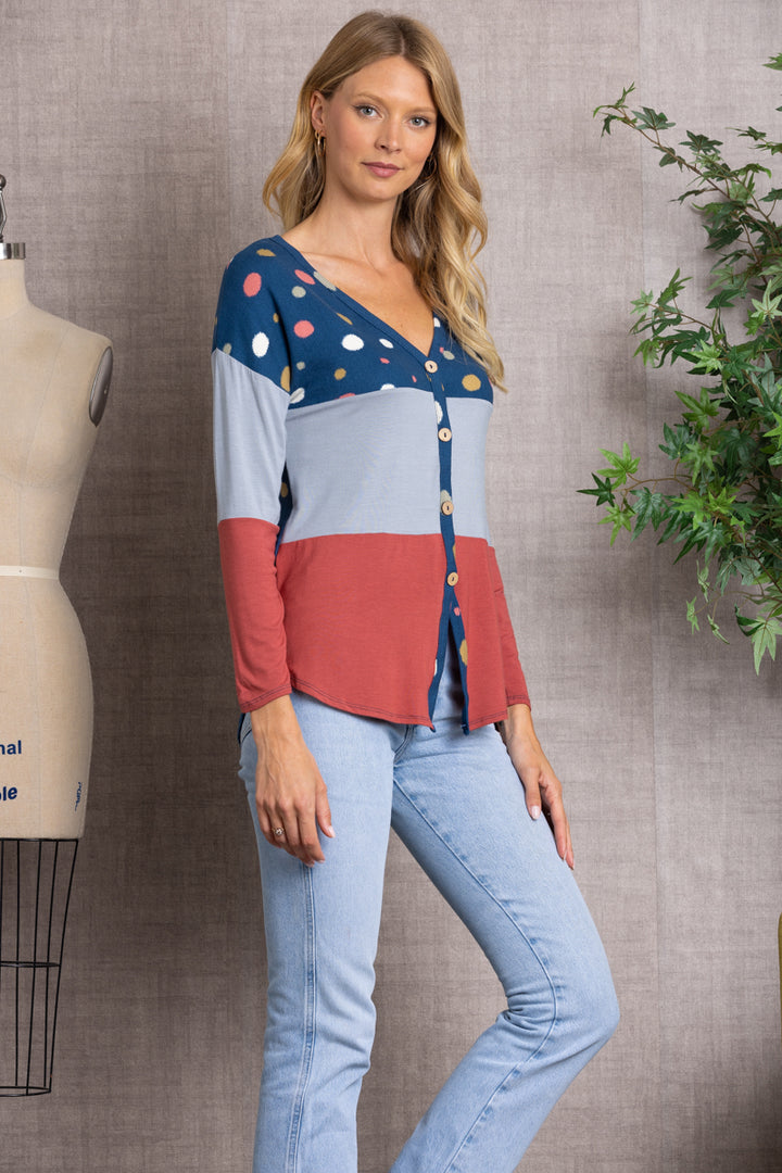 POLKADOT COLOR BLOCK BUTTON DOWN SWEATER-CT43590D