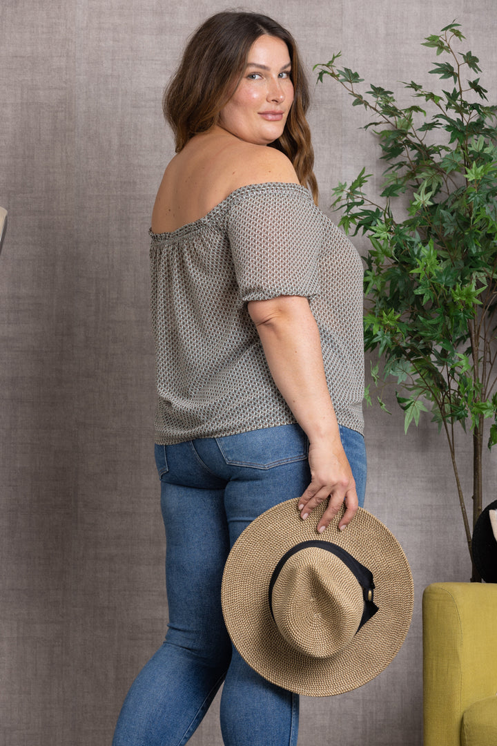 PRINTED DETAILED ELASTIC OFF-SHOULDER PLUS SIZE TOP