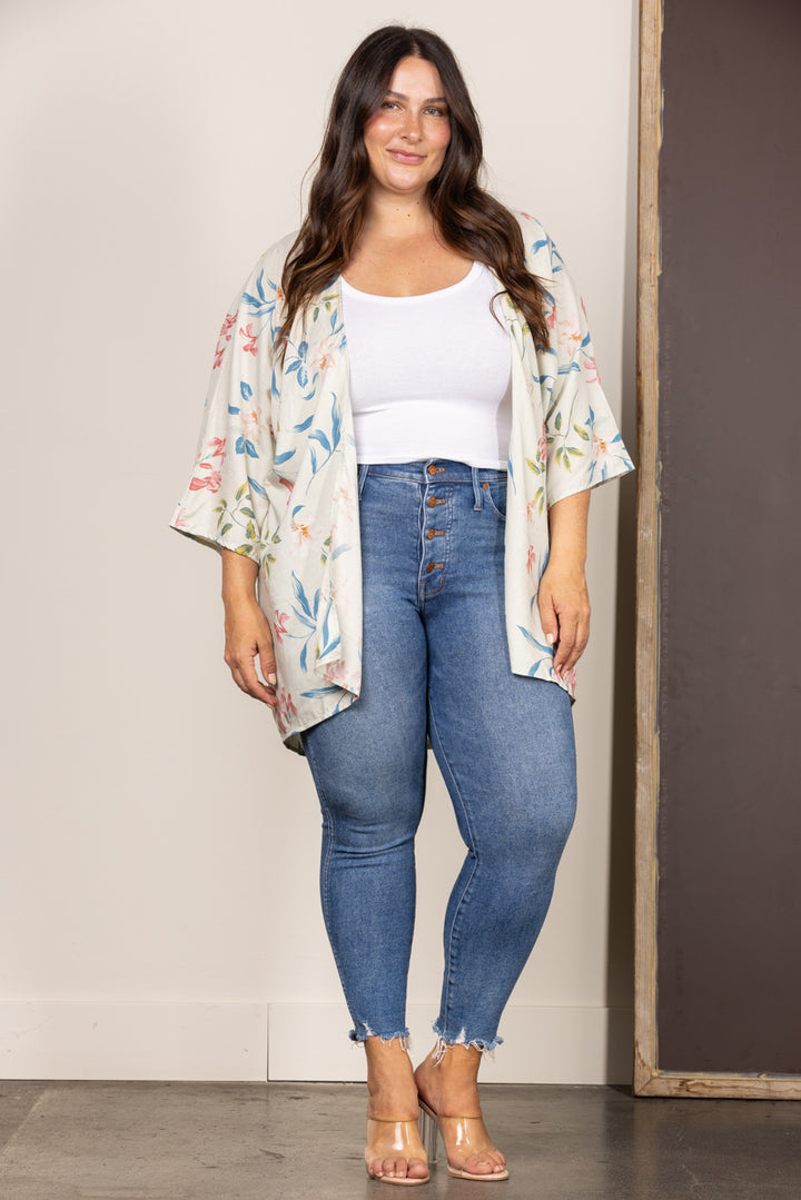 SJ1064-Wholesale SAGE TROPICAL FLORAL OPEN FRONT PLUS SIZE CARDIGAN