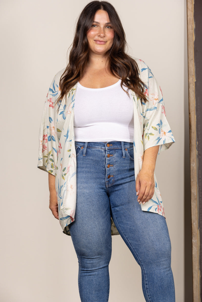 SAGE TROPICAL FLORAL OPEN FRONT PLUS SIZE KIMONO SJ1064