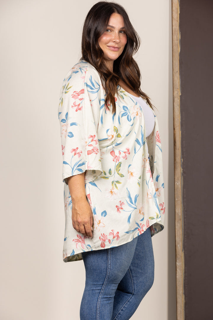 SAGE TROPICAL FLORAL OPEN FRONT PLUS SIZE KIMONO SJ1064