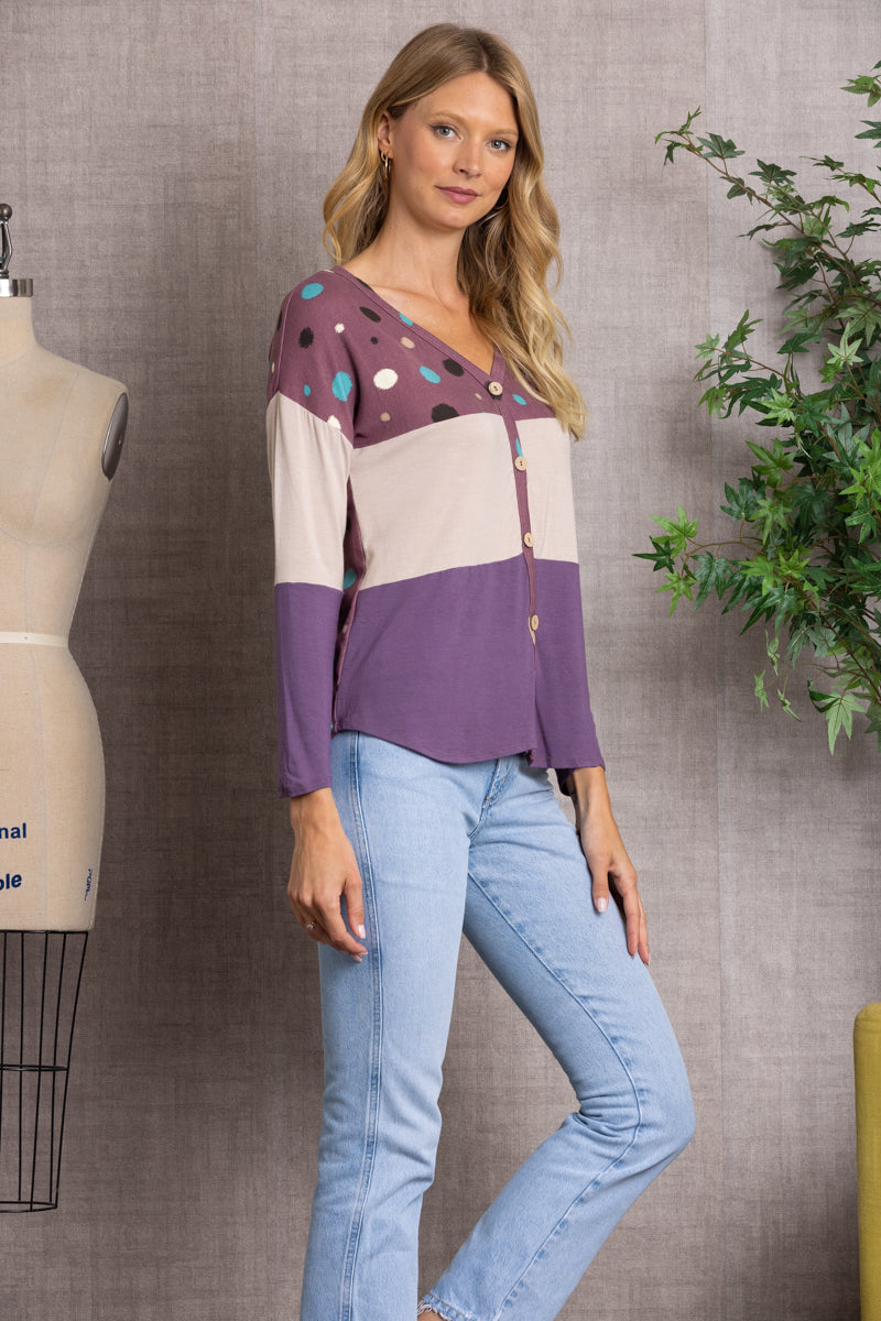 POLKADOT COLOR BLOCK BUTTON DOWN SWEATER-CT43590D