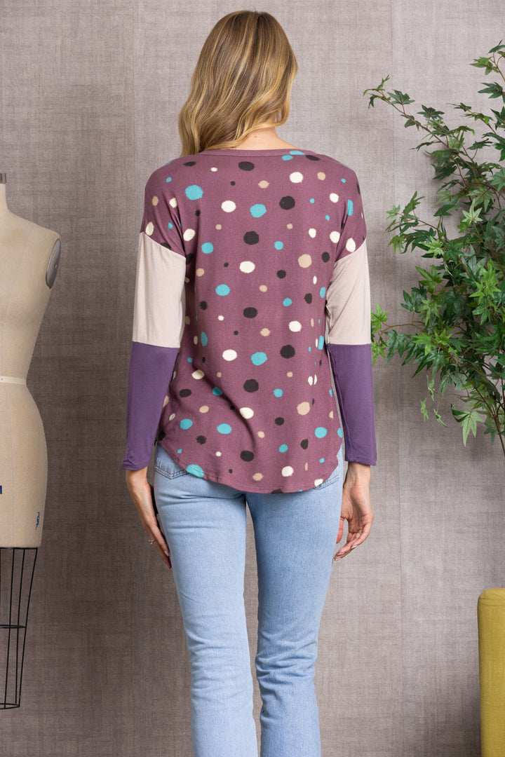 POLKADOT COLOR BLOCK BUTTON DOWN SWEATER-CT43590D