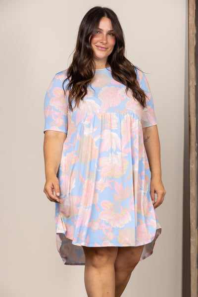 PASTEL BLUE BABY DOLL SHORT SLEEVES PLUS SIZE MIDI DRESS VC5616J