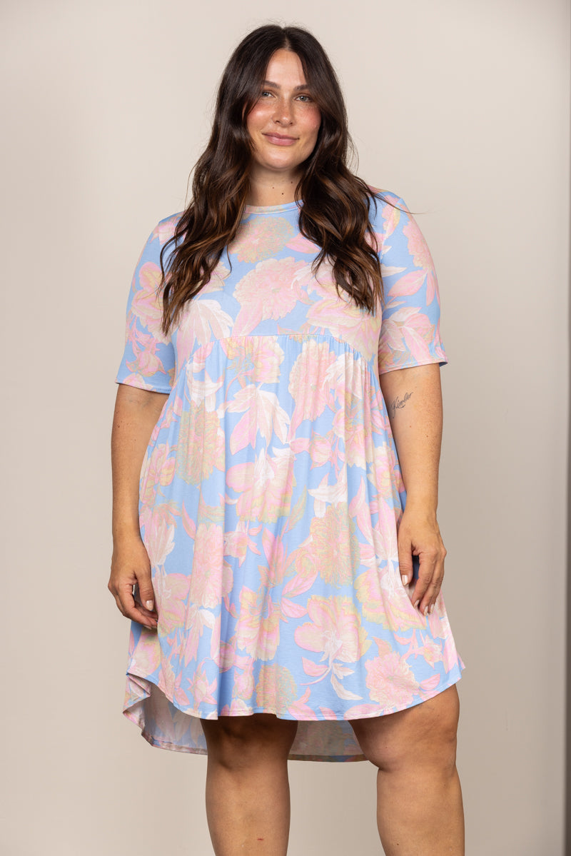 PASTEL BLUE BABY DOLL SHORT SLEEVES PLUS SIZE MIDI DRESS VC5616J