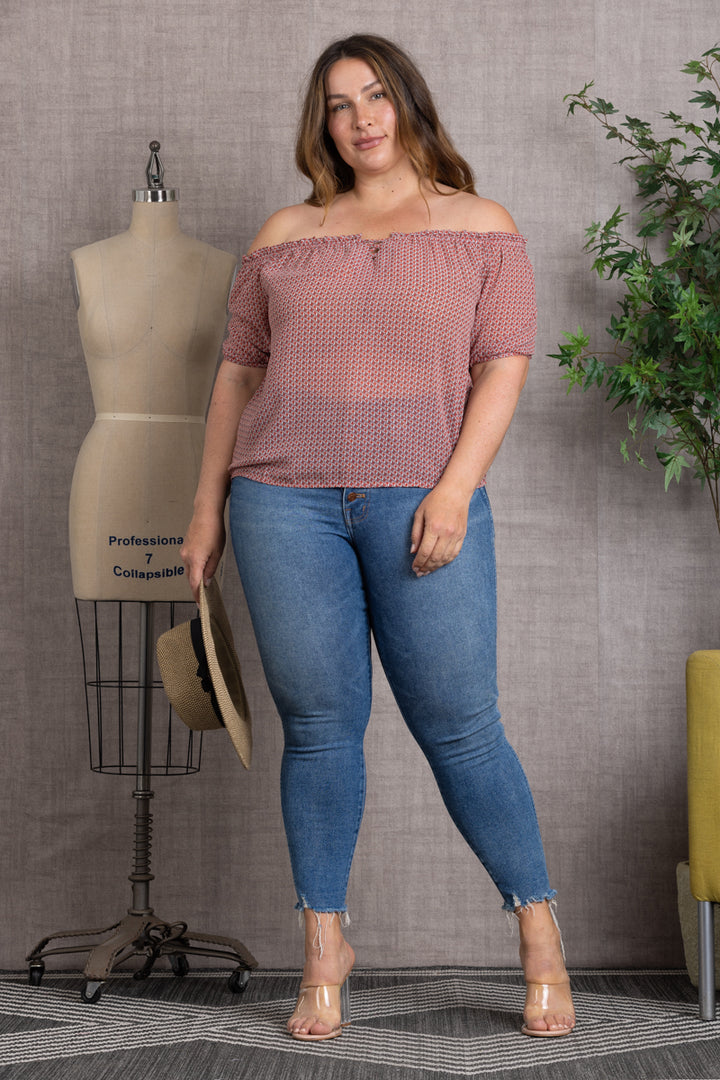 PRINTED DETAILED ELASTIC OFF-SHOULDER PLUS SIZE TOP