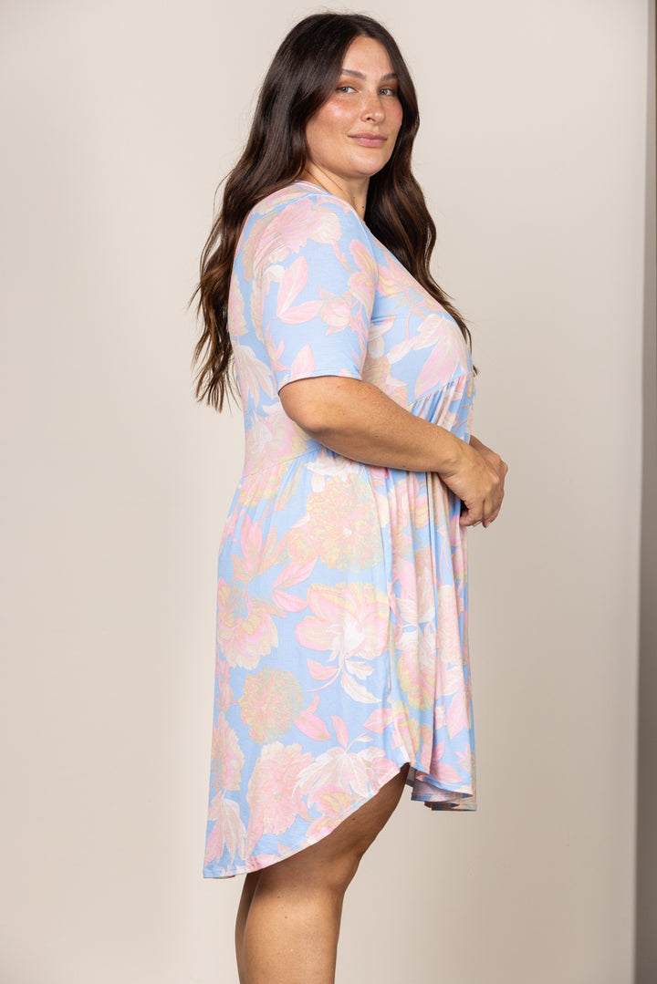 PASTEL BLUE BABY DOLL SHORT SLEEVES PLUS SIZE MIDI DRESS VC5616J