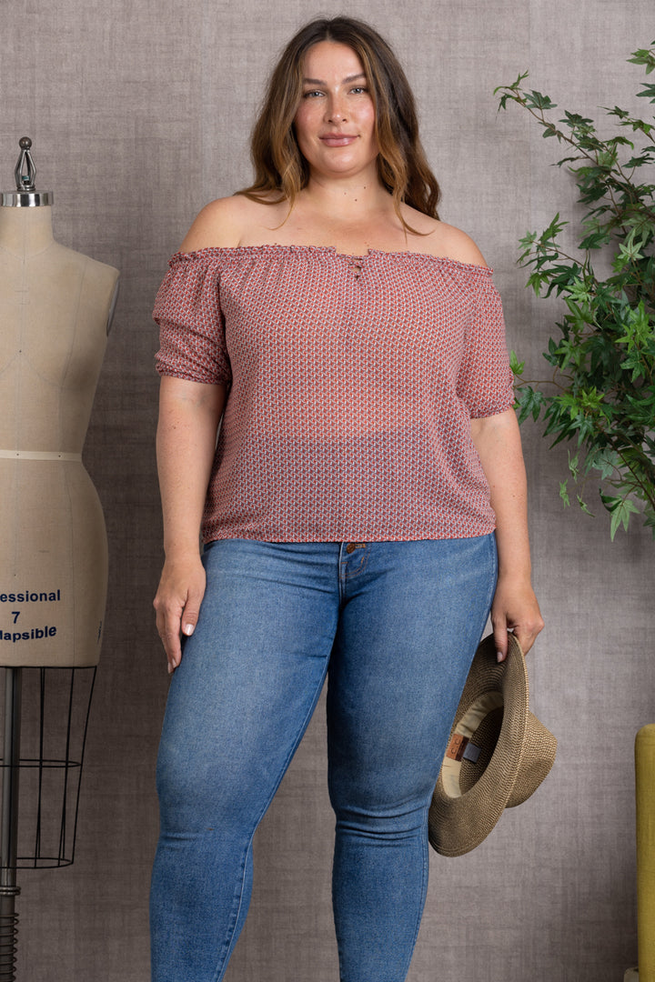 PRINTED DETAILED ELASTIC OFF-SHOULDER PLUS SIZE TOP