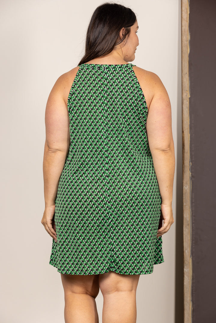 GREEN CHEVRON HALTER NECK PLUS SIZE MINI DRESS D5107X