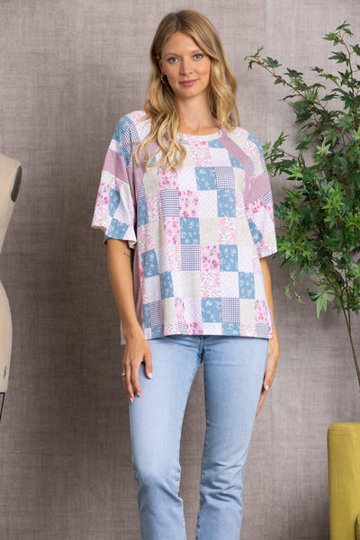PINK FLORAL STRIPED PATCH WORK OVER SIZE TOP-T1934