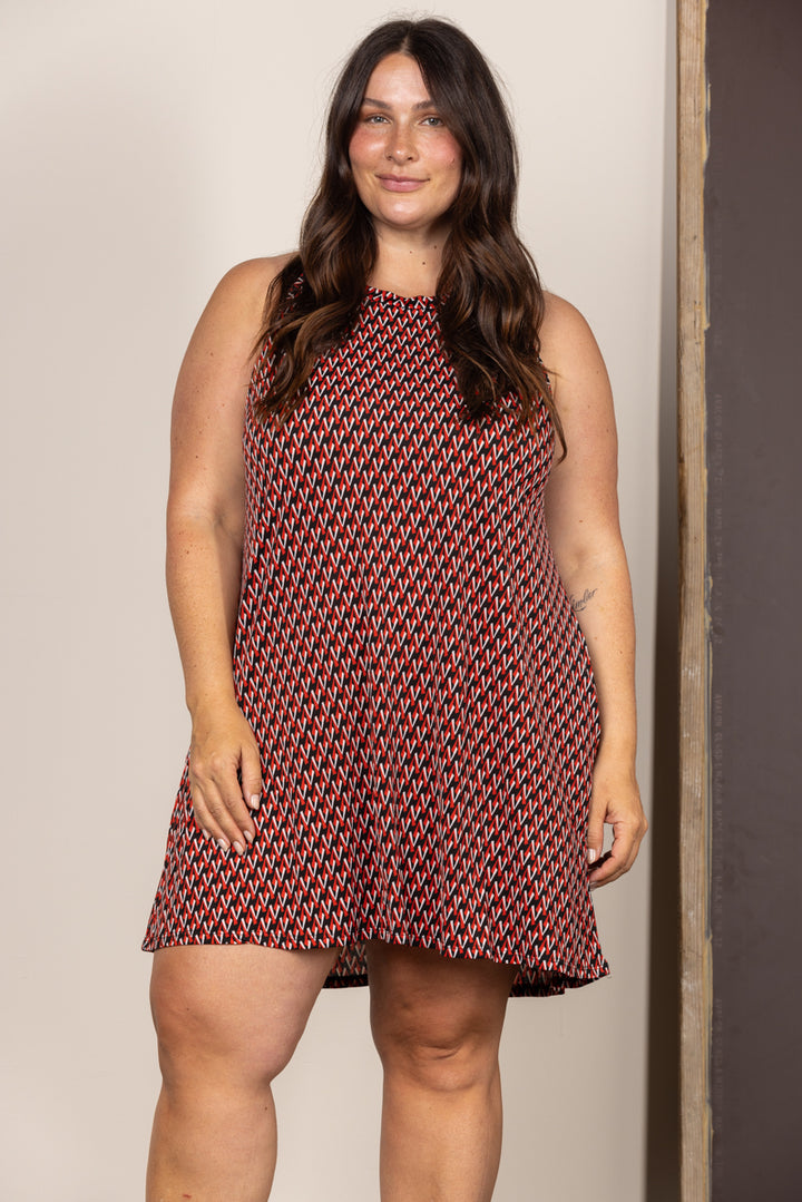 RED CHEVRON HALTER NECK PLUS SIZE MINI DRESS D5107X