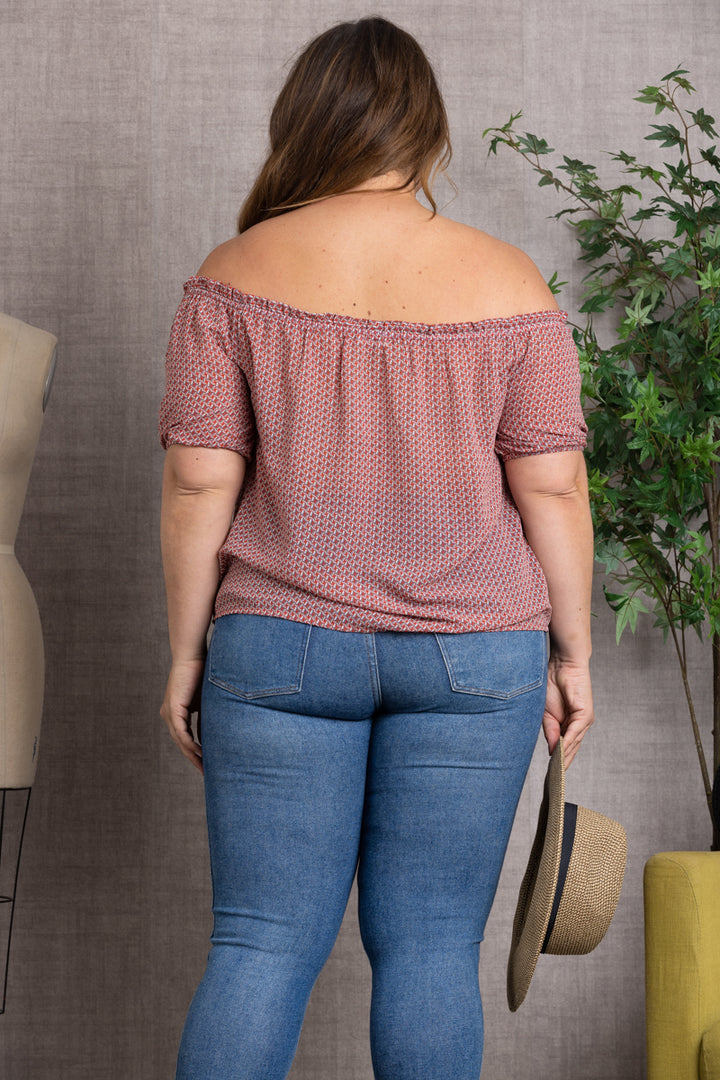 PRINTED DETAILED ELASTIC OFF-SHOULDER PLUS SIZE TOP