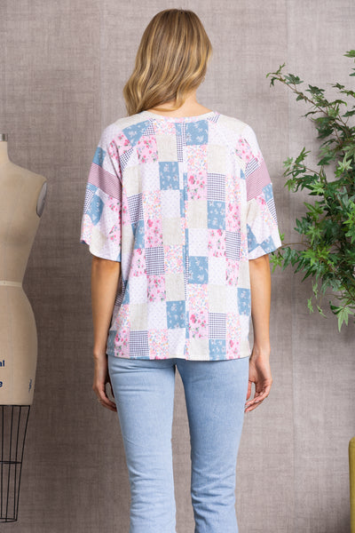 PINK FLORAL STRIPED PATCH WORK OVER SIZE TOP-T1934