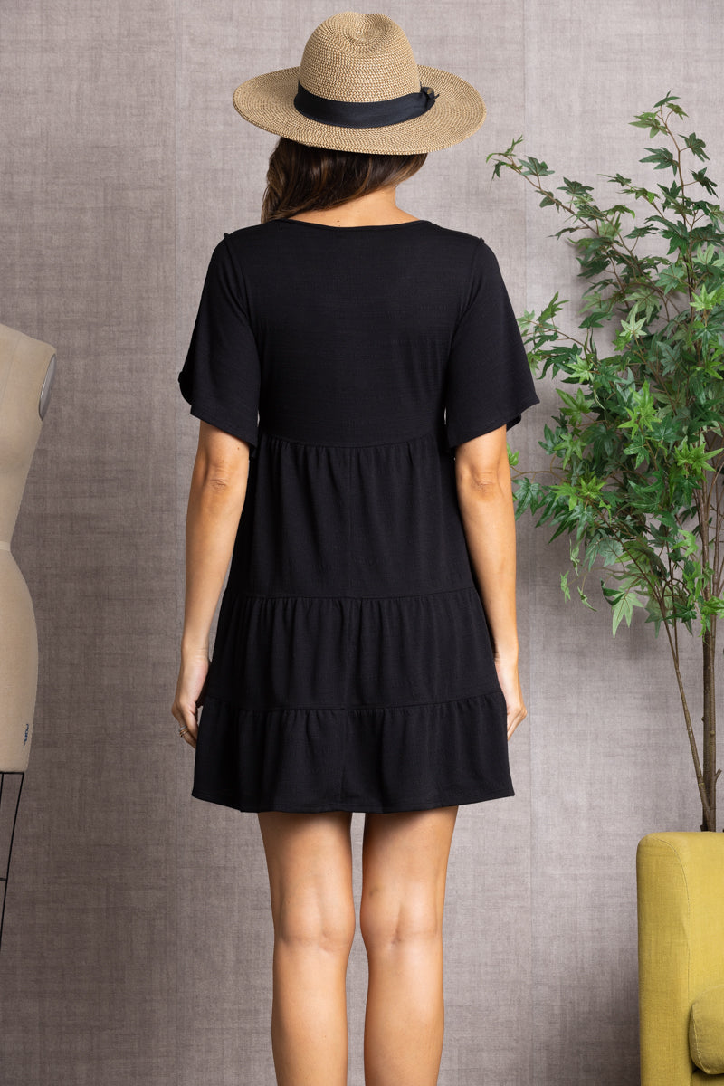 REVERSE STITCH BELL SHORTS SLEEVES RUFFLED TRIM MINI DRESS