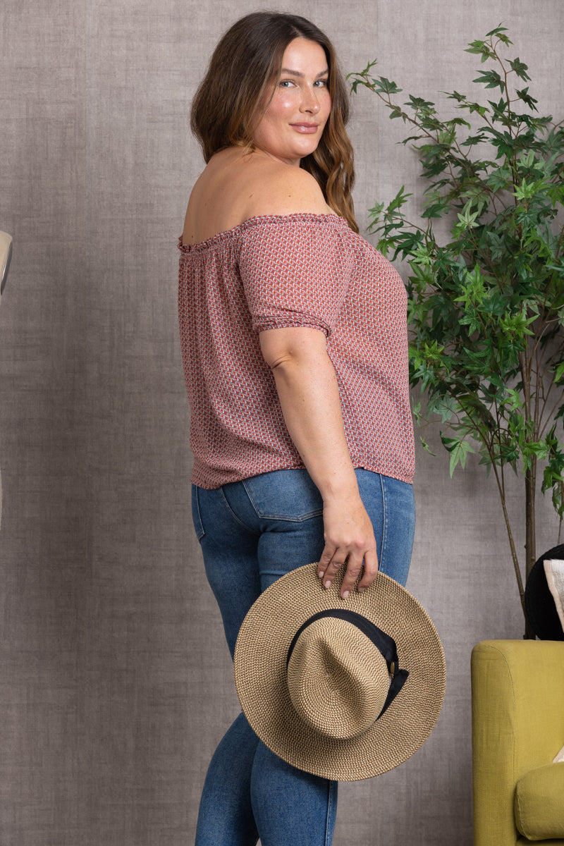 PRINTED DETAILED ELASTIC OFF-SHOULDER PLUS SIZE TOP